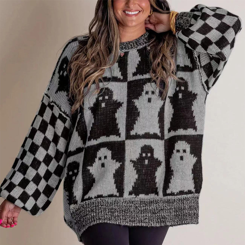 Halloween Cartoon Ghost And Checkerboard Print Pullover Sweater Autumn And Winter Loose Long-sleeved Knitted Tops For Women