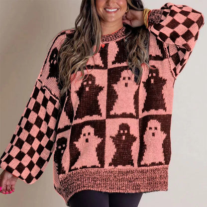 Halloween Cartoon Ghost And Checkerboard Print Pullover Sweater Autumn And Winter Loose Long-sleeved Knitted Tops For Women