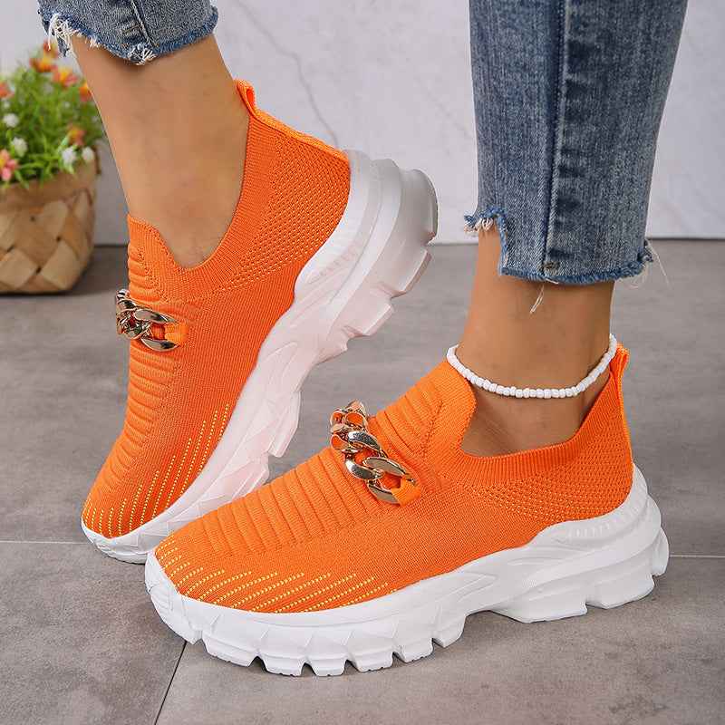 Fashion Chain Design Mesh Shoes For Women Breathable Casual Soft Sole Walking Sock Slip On Flat Shoes